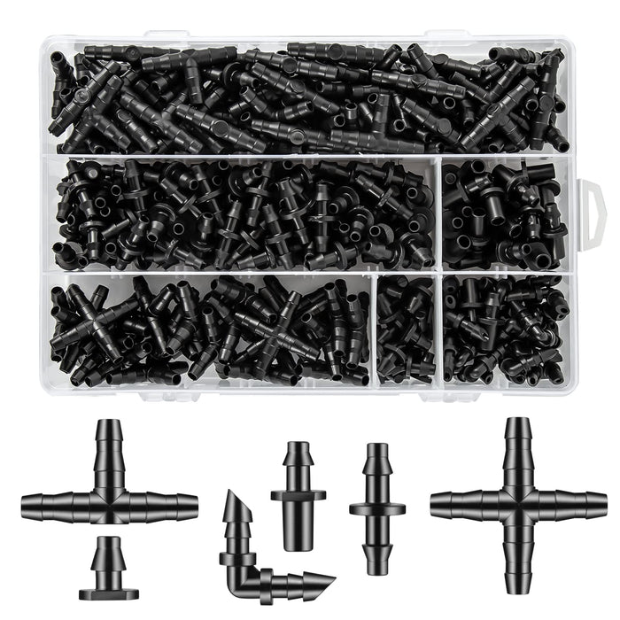 Unoutur 300 Pcs Barbed Connectors Drip Irrigation Fittings Kit, 1/4" Drip Irrigation Kit for Garden Flower Pot Greenhouse Lawn (Straight Barbs,Single Barbs,Tees,Elbows,End Plug,4-Way Coupling)