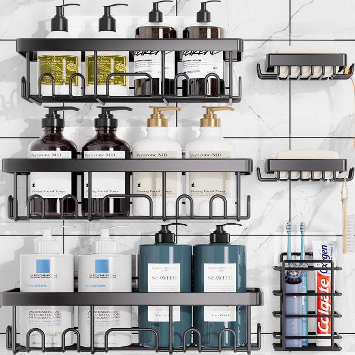 Veken Adhesive Shower Caddy 6-Pack, Large Capacity Bathroom Organizers and Storage, Rustproof Shelves Rack with Soap Holder, No Drilling Wall-Mounted Kitchen & Home Decor, Bath Decor&Essentials, Black