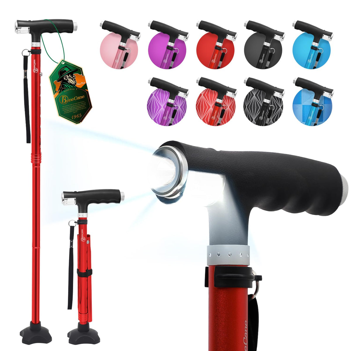 BeneCane Walking Cane for Women Folding Cane for Men with Two Led Ligh