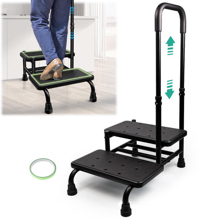 Gyykzz 2 Step Stool with Handle for Elderly, Heavy Duty Medical Step Stool with Adjustable Handrail and Non-Slid Platform for Adults, Seniors and Handicap, Bed Steps for High Beds Holds up to 400LBS