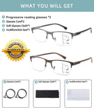 Progressive Reading Glasses Men Bifocal Transition Multifocal Reader No Line Multifocus Blue Light Computer Large Frame Half Rimless Metal Extra Wide Designer Cheater Square Eyeglasses 2 Packs 2.25