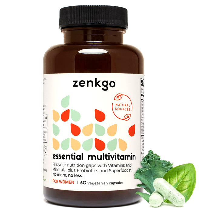 Zenkgo Women's Vitamins + Probiotics 25B CFU + Organic Whole Foods, Supports Immunity, Digestion, Energy, Daily Vitamins A, E, B6, B12, Vegan D3, K2 (MK-7), Folate, Minerals, Superfoods(60Ct/30Day)