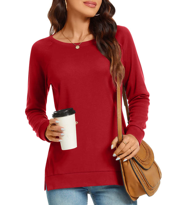 TAOHUADAO Women's 2024 Fall Casual Long Sleeve T-Shirt Side Split Tunic Tops for Leggings Loose Crewneck Sweater Christmas 2XLarge, Red