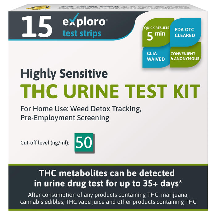 Exploro Highly Sensitive at Home Marijuana Drug Test Kit, THC Drug Test Kit Marijuana/Weed, THC Drug Test Urine, Easy Home Drug Test Marijuana/THC Substance Abuse, 15 THC Test Strips/Sticks, 50 ng/ml