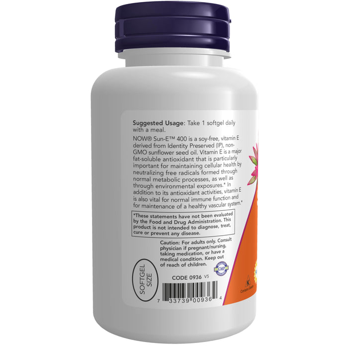 NOW Supplements, Sun-E™ 400 IU with d-alpha Tocopherol from Non-GMO Sunflower Oil, 120 Softgels