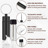 ASIO Glass Vial with Snuff Spoon in Waterproof Aluminum Pill Case | Small Glass Bottle with Mini Funnel in Keychain Pill Holder for Outdoor Travel (Black)