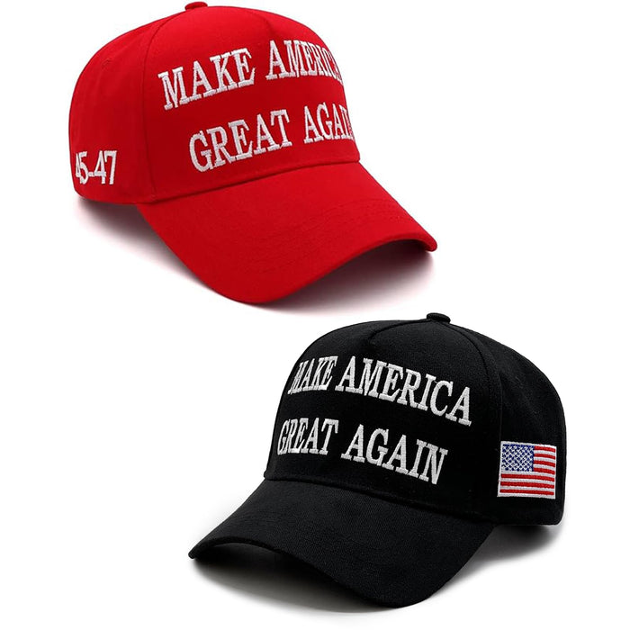 Trump 2024 45-47 MAGA Hat Make America Great Again Donald Trump Slogan with USA Flag Baseball Cap (2pcs Red&Black MAGA Hat)