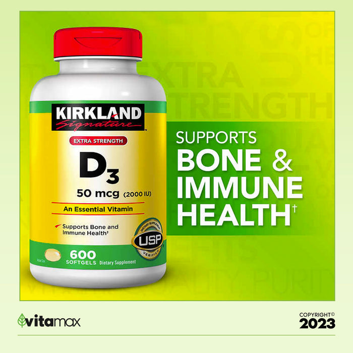 Kirkland Signature Extra Strength D3 50 mcg, 600 Softgels + Exclusive VitaMax Vitamin Guide - 2 Items