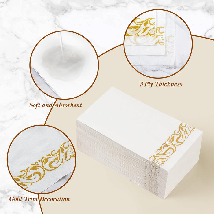 BESTVIP 100 Pack Disposable Paper Napkins, 3-Ply Dinner Napkins with Gold Trim, Soft Bathroom Napkins for Guests, Absorbent Party Napkins Wedding Napkins for Dinners, Kitchen or Events