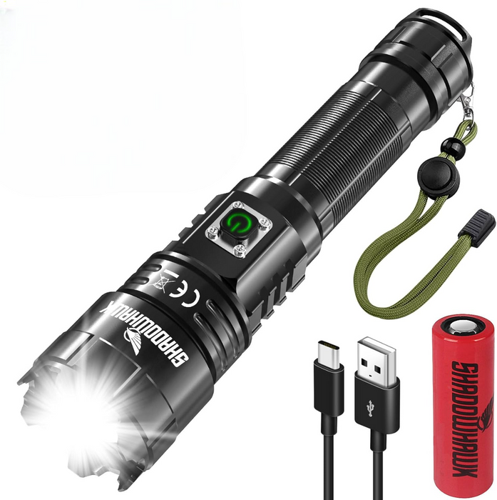 SHADOWHAWK Torches LED Super Bright, 30000 Lumens Rechargeable LED Torch, USB Tactical Flashlight, XHP70.2, IP67 Waterproof, 5 Light Modes Zoomable, for Camping Hiking Emergency