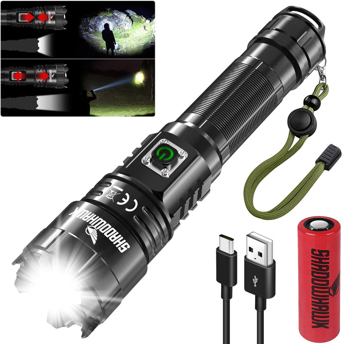 SHADOWHAWK Torches LED Super Bright, 30000 Lumens Rechargeable LED Torch, USB Tactical Flashlight, XHP70.2, IP67 Waterproof, 5 Light Modes Zoomable, for Camping Hiking Emergency