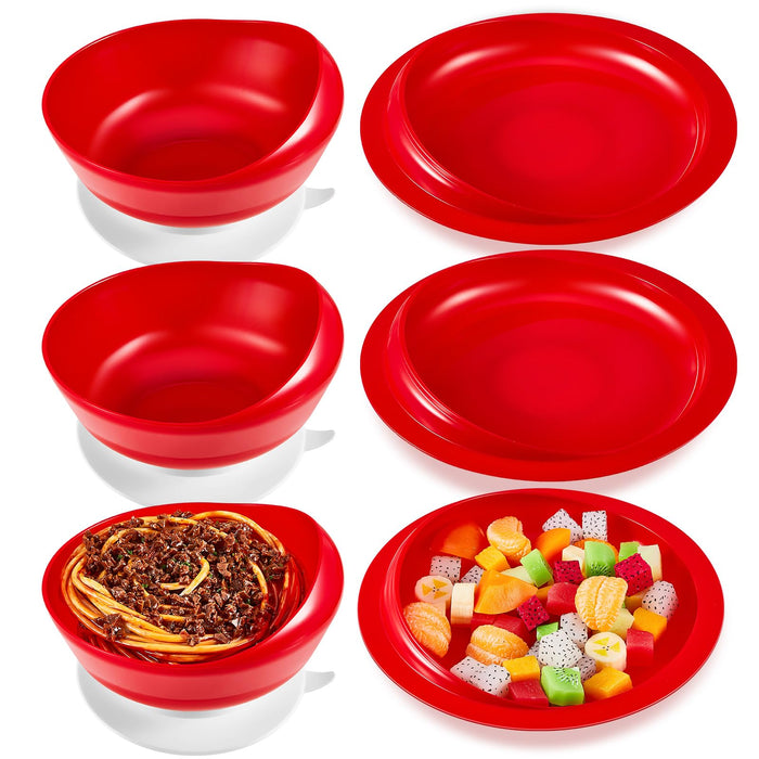 Hushee 3 Sets Spill Proof Scoop Bowl and Plate Set with Suction Base Adaptive Self Feeding Dinnerware for Elderly Disabled Handicapped from Parkinsons, Dementia, Stroke, Tremors (Red)