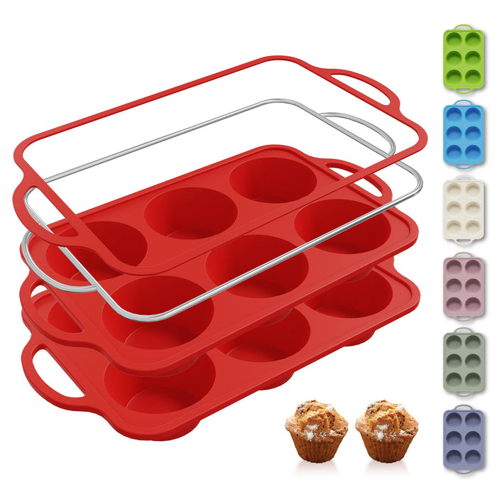 2 Packs 6 Cups Silicone Muffin Pan with Metal Reinforced Frame Jumbo Size Cupcake Pan Tray Egg Bites Silicone Circle Cookie Molds Muffin Tin Tart Pans Large Big Baking Sheet Set for Breakfast