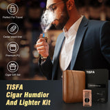 TISFA Cigar Humidor, Leather Cedar Wood Cigar Case with Cigar Lighter, V Cut Cigar Cutter, Cigar Holder 3 in 1, Portable Travel Cigar Humidor Box with Humidifier (Brown)