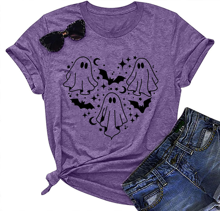 Halloween Shirt Women Spooky Season Shirts Cute Ghost Tshirt Halloween Graphic Tees Fall Short Sleeve Tops(Purple2, Medium)