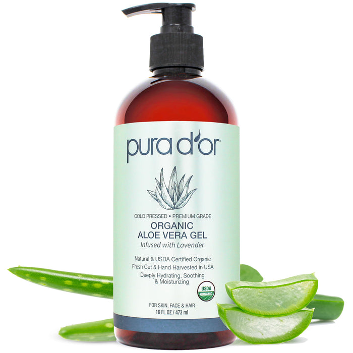 PURA D'OR ORGANIC Aloe Vera Gel Lavender (16 Oz X 3) All Natural - ZERO Artificial Preservatives - Deeply Hydrating & Moisturizing - Sunburn, Bug Bites, Rashes, Small Cuts, Eczema Relief - Skin & Hair