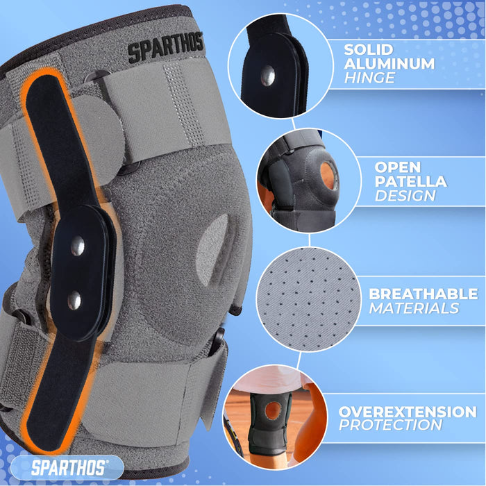 Sparthos Knee Brace - Relieves ACL, MCL, Meniscus Tear, Arthritis, Tendons Pain - Open Patella Design with Dual Hinges - Patellar Compression Support, Plus Size Fit - For Men and Women (XX-Large)