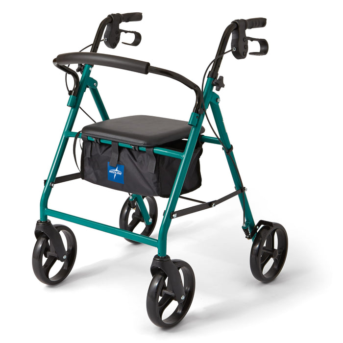 Medline Steel Rollator Walker for Adult Mobility Impairment, Green, 350 lb. Weight Capacity, 8” Wheels, Foldable, Adjustable Handles, Rolling Walker for Seniors