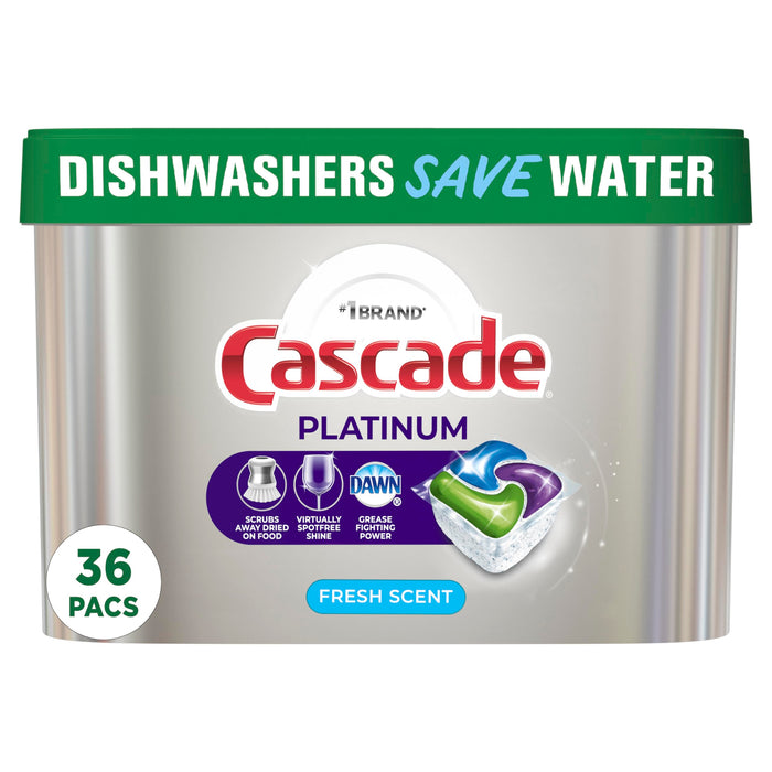 Cascade Platinum Dishwasher Pods, ActionPacs Dishwasher Detergent with Dishwasher Cleaner Action, Fresh Scent, 36 count(Packaging May Vary)