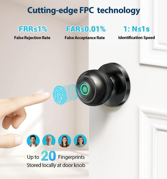 Veise Fingerprint Door Lock, Smart Door Knob with App Control, Biometric Smart Lock for Bedroom Door, Auto Lock, Great for Home, Offices, Pantry, Apartments, Garages, Matte Black