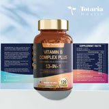 13-in-1 Vitamin B Complex Plus with Vitamin B1, B2, B3 (Niacinamide), B4, B5, B6, B7 (Biotin), B8 (Inositol), B9 (Folate), B12, C, D3, K2 - Energy, Nerve, Immune, Skin Support - 120 Vegan Capsules