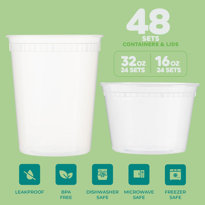 JoyServe Deli Food Containers with 54 Lids - (48 Sets) 24-32 Oz Quart Size & 24-16 Oz Pint Size For Airtight Takeout Meal Prep Storage, BPA-Free, Dishwasher, Microwave Safe