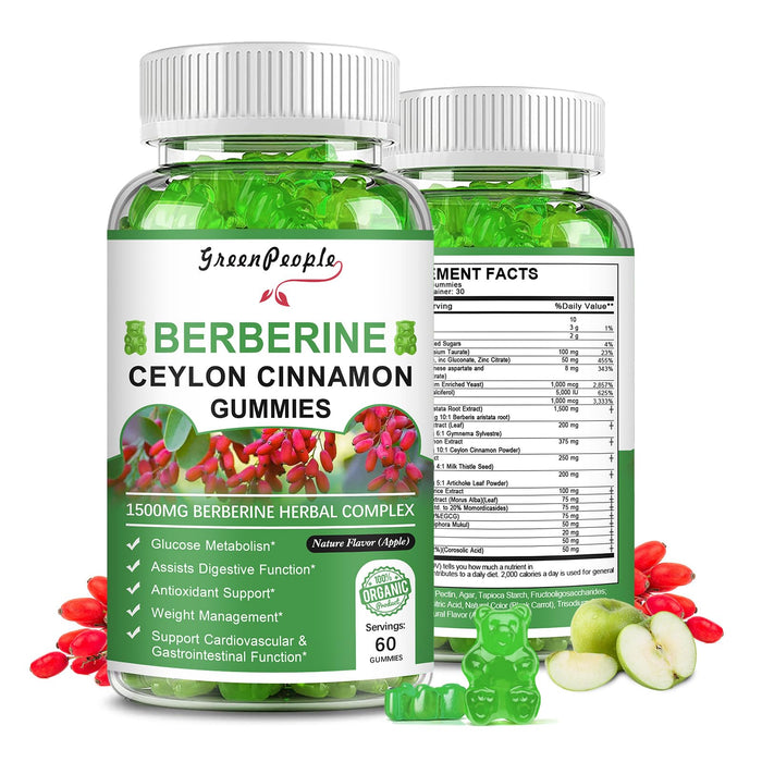 (2Pack) Berberine Gummies 1500mg with Ceylon Cinnamon - Berberine Supplement with Milk Thistle, Zinc & Other Natural Herbs - for Immune Support & Brain Function - 120 Apple Gummies