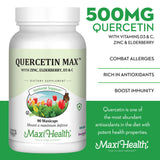 Maxi Health Quercetin 500mg with Zinc 30mg, Vitamin C 1000mg, Vitamin D 2500 IU, Elderberry 125mg - Vegetarian Health Supplement for Adults Kosher Certified - 90 Veggie Capsules