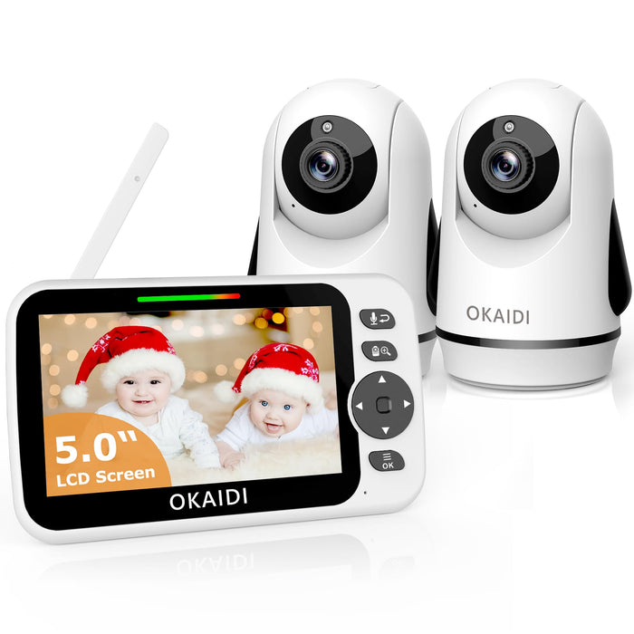 OKAIDI Video Baby Monitor with 2 Cameras, 5" Display Baby Monitor No WiFi, 30H Battery and 1000ft Range, Remote Pan-Tilt-Zoom Baby Camera, 2-Way Talk, 8 Lullabies, Baby Monitor for Baby Pet Elderly