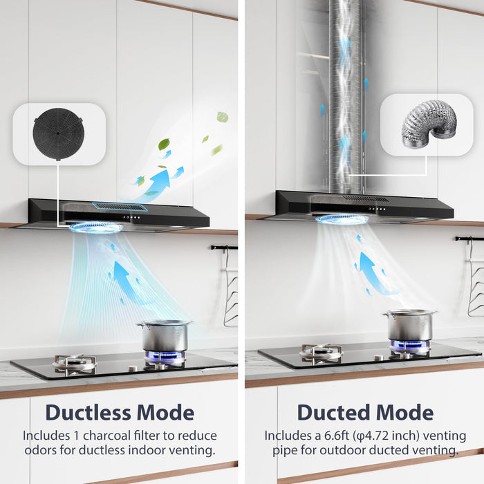 Ductless Range Hood 30 inch Under Cabinet, 600cfm Slim Kitchen Stove Vent Hood with LED Lights, 3 Speed Exhaust Fan, Reusable Filters, Stainless Steel Campanas para Cocina with Charcoal Filter