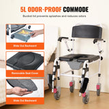 VEVOR Shower Commode Wheelchair with 4 Lockable Wheels, Footrests, Flip-up Arms, 3-Level Adjustable Height, 5L Removable Bucket, 350 LBS Capacity, Commode Chair for Adults Seniors