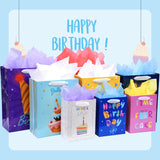 8 Pack Birthday Gift Bags Assorted Sizes (2 Extra Large 15", 3 Large 13",3 Medium 9"), Birthday Gift Bags with Ribbon Handle and Tissue Paper,Reusable and Perfect For Birthday Gift Wrapping Present