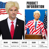 YTbeauty Donald Trump Wig Costume Funny Wigs for Adults Trump Halloween Costumes for Men Women Party Cosplay Synthetic Blonde Donald Wig + Flag Pin + Red Pin