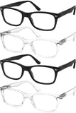 Success Eyewear Reading Glasses Set of 4 Quality Readers Spring Hinge Glasses for Reading for Men and Women Set of 2 Black and 2 Clear +4