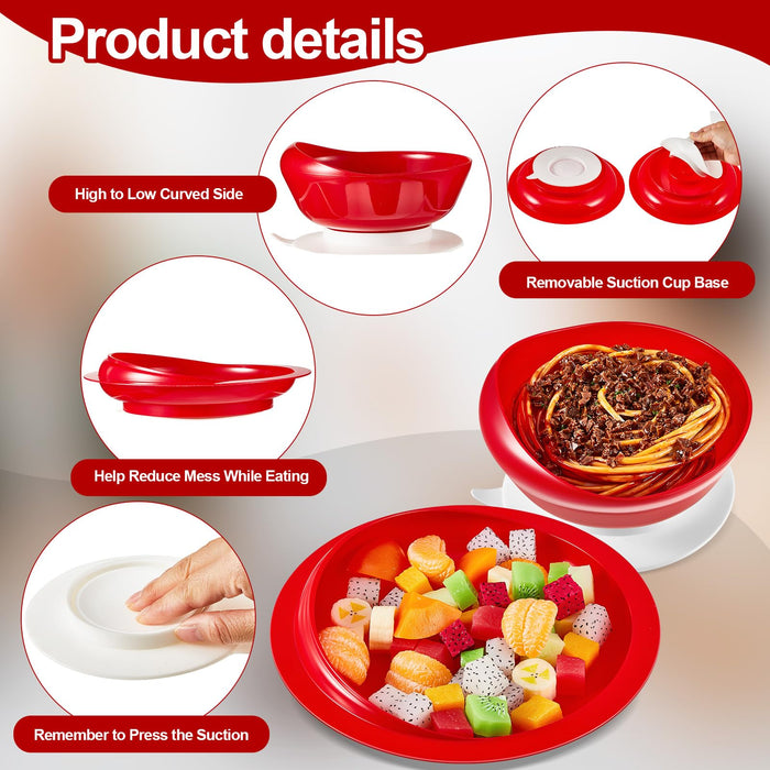 Hushee 3 Sets Spill Proof Scoop Bowl and Plate Set with Suction Base Adaptive Self Feeding Dinnerware for Elderly Disabled Handicapped from Parkinsons, Dementia, Stroke, Tremors (Red)