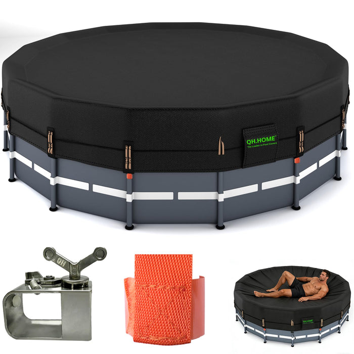 QH.HOME 550D 12 ft Pool Cover Round[Upgraded Tear Resistant & Quadruple Windproof] wth Pre-Installed Patented Winch and Rope, Pool Covers for Above Ground Pools-Snug Fit & Waterproof Protection