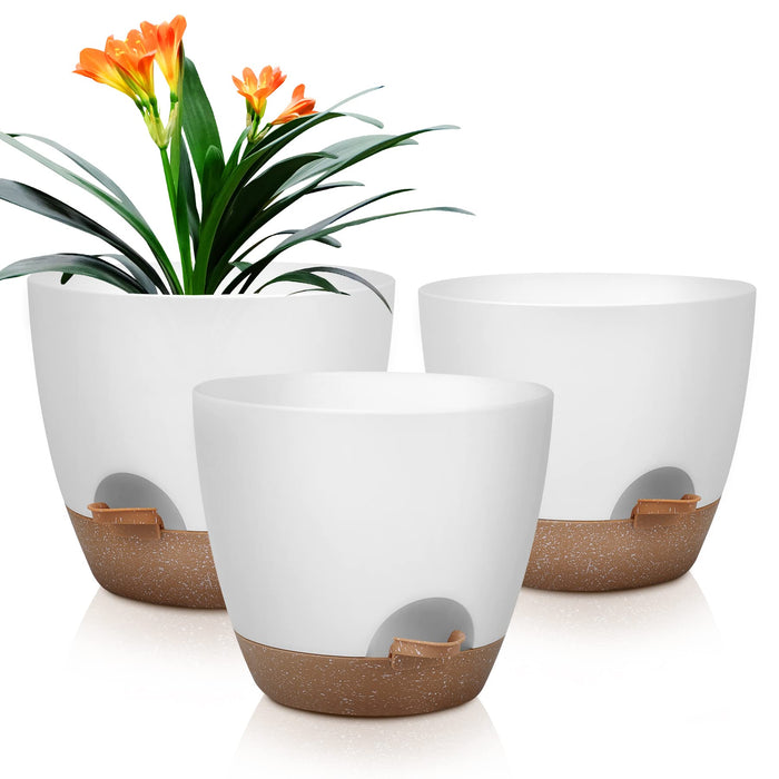 QRRICA Plant Pots 10/9/8 Inch Self Watering Pots, Set of 3 Plastic Planters with Drainage Holes and Saucers,Plastic Flower Pots,Nursery Planting Pot for Indoor Out Door Plants（White）