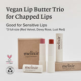 Melixir Vegan Lip Butter Gift Set, Trio C (Red Velvet, Dewy Rose, Lust Red), Mothers Day Gifts for Mom, Bee Free, Petrolatum Free, Deep Nourishing Plant-Based Vegan chapstick, Vegan Lip Balm for Dry, Cracked and Chapped Lips Moisturizing Lip Care Spring G