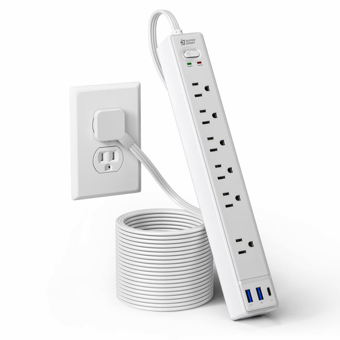 10Ft Flat Extension Cord with Multiple Outlets, Surge Protector Power Strip