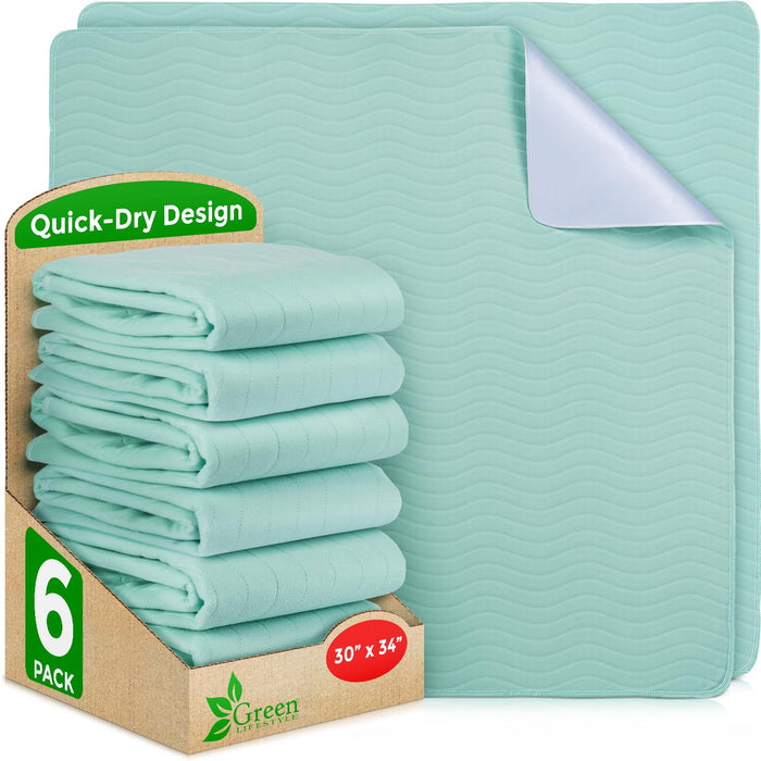 GREEN LIFESTYLE® Washable Underpads - Heavy Absorbency Reusable Bedwetting Incontinence Pads for Kids, Adults, Elderly, and Pets - Toddler Mattress Pads for Bed, Sofa, Couch, Floor (Pack of 6 - 30x34)