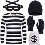 URATOT Halloween Robber Costume Set, Include Striped Long Sleeve T-Shirt Knit Cap Gloves Canvas Bags and Eye Mask