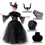 AMOBON Halloween Maleficent Costume for Girls: Evil Queen Witch Dress with Black Wings Horns Cape for Kids Cosplay Carnival Party (L)