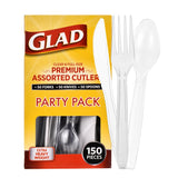 Glad Premium Assorted Plastic Cutlery | Clear Extra Heavy Duty forks, Knives, And Spoons | 150 Piece Set of Disposable Party Utensils, and Sturdy Cutlery