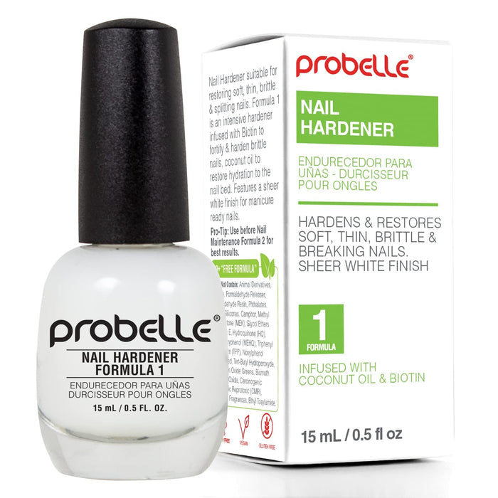 Probelle Nail Hardener Formula 1 - Repair Damaged Nails, Extra Strong Nail Growth Treatment For Brittle Nails, Grows and Restores Soft, Weak Nails, Aids Splitting, Breaking, Peeling Nails, Sheer White