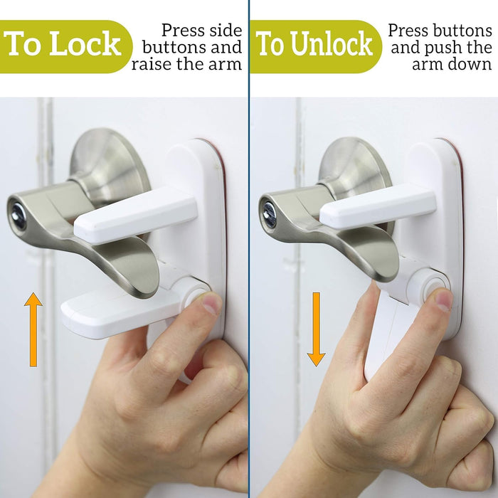 Door Lever Lock (2 Pack) Prevents Toddlers from Opening Doors. 3.25" L * 1.5" W * 4.5" H Easy One Hand Operation for Adults. Durable ABS with 3M Adhesive Backing. Simple Install, No Tools Needed.