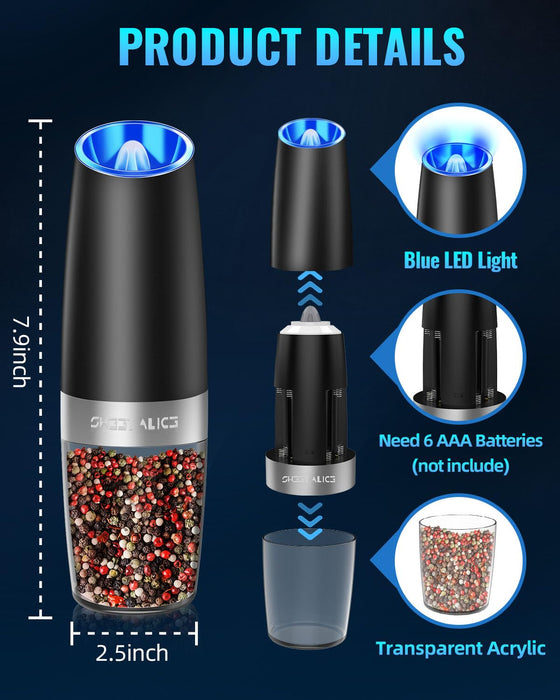 Sweet Alice Gravity Electric Pepper and Salt Grinder Set, Adjustable Coarseness, Battery Powered with LED Light, One Hand Automatic Operation, Stainless Steel Black, 2 Pack