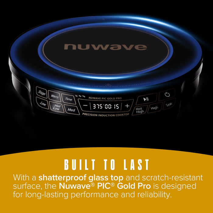 Nuwave Gold Pro Precision Induction Cooktop, Large 8” Heating Coil, 12” Heat-Resistant Cooking Surface, Adjustable Wattages,100°F to 575°F, Portable, Built-In Safety Auto Shut Off