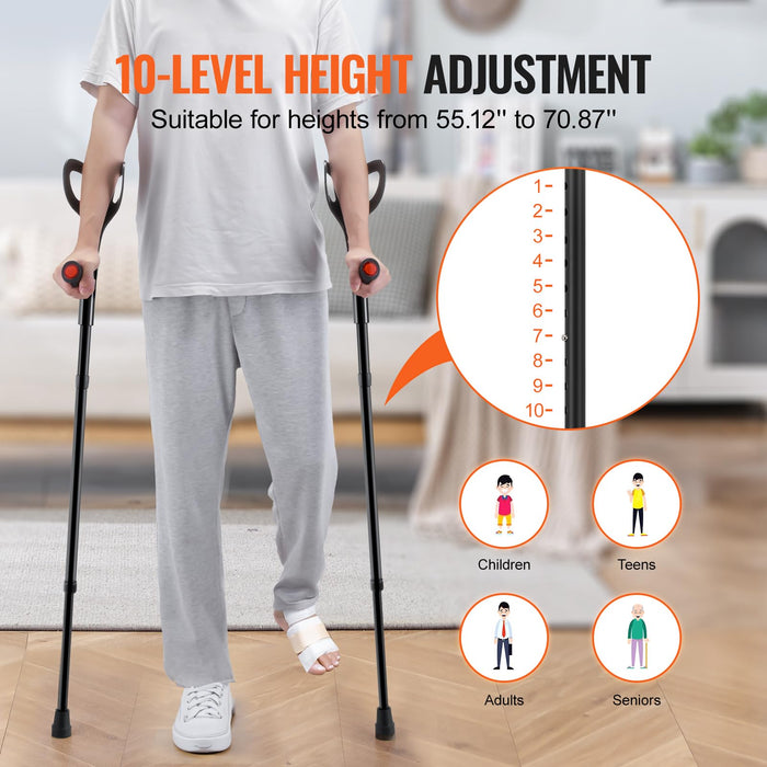 VEVOR Forearm Crutches for Adults, Folding Walking Forearm Crutches with 10-Level Adjustable Height, Lightweight Aluminum Medical Crutches with Open Cuff for Leg Injury Surgery Disabled, 1 Pair 350LBS