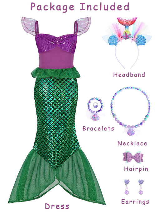 Oumbivil Mermaid Costume Princess Dress Ariel for Grils Cosplay Birthday Party Halloween Costumes with Headband, Necklace OU056XS