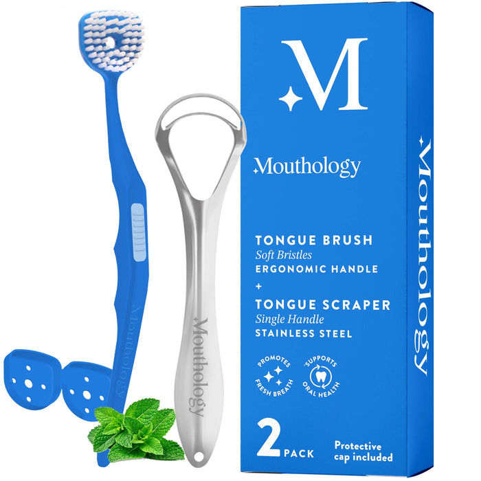 Mouthology Tongue Brush & Tongue Scraper (Combo Pack), Reduce Bad Breath & Improve Oral Hygiene, Tongue Scraper Brush for Adults Ergonomic Handle & Protective Cap, Tongue Cleaner